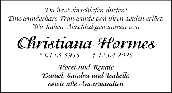 Traueranzeige von Christiana Hormes von Gesamtausgabe Nürnberger Nachrichten/ Nürnberger Ztg.