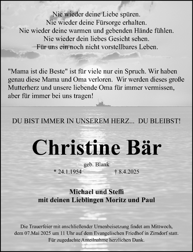  Traueranzeige für Christine Bär vom 03.05.2025 aus Fürther Nachrichten Lokal