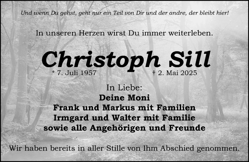  Traueranzeige für Christoph Sill vom 17.05.2025 aus Schwabacher Tagblatt Lokal