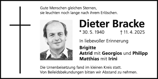 Traueranzeige von Dieter Bracke von Gesamtausgabe Nürnberger Nachrichten/ Nürnberger Ztg.