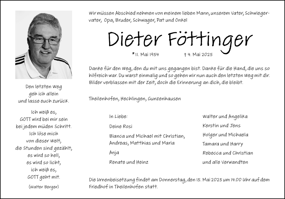  Traueranzeige für Dieter Föttinger vom 10.05.2025 aus Altmühl-Bote Lokal/ Weißenburger Tagblatt
