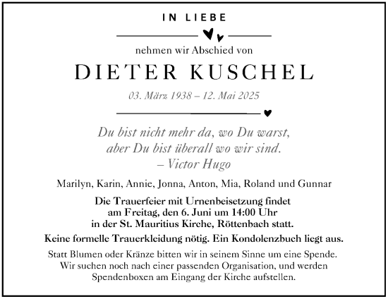 Traueranzeige von Dieter Kuschel von Erlanger Nachrichten Lokal
