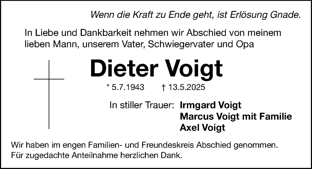  Traueranzeige für Dieter Voigt vom 24.05.2025 aus Fürther Nachrichten Lokal