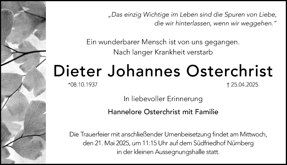  Traueranzeige für Dieter Johannes Osterchrist vom 10.05.2025 aus Gesamtausgabe Nürnberger Nachrichten/ Nürnberger Ztg.
