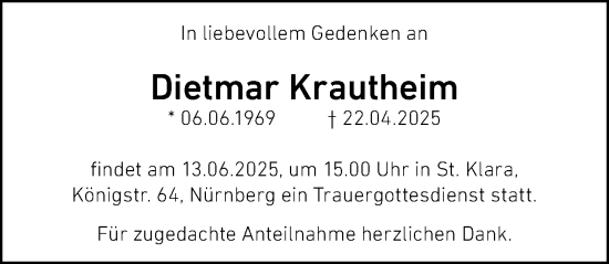 Traueranzeige von Dietmar Krautheim von Gesamtausgabe Nürnberger Nachrichten/ Nürnberger Ztg.