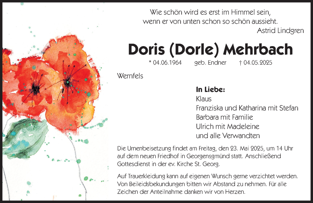  Traueranzeige für Doris Mehrbach vom 17.05.2025 aus Roth-Hilpoltsteiner Volkszeitung Lokal