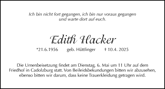 Traueranzeige von Edith Hacker von Fürther Nachrichten Lokal