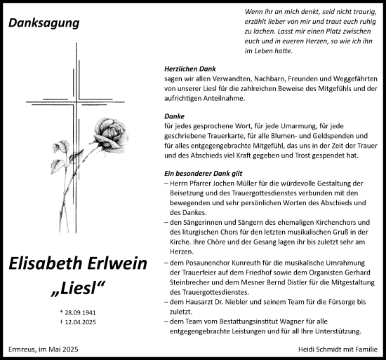 Traueranzeige von Elisabeth Erlwein von Nordbayerische Nachrichten Forchheim Lokal