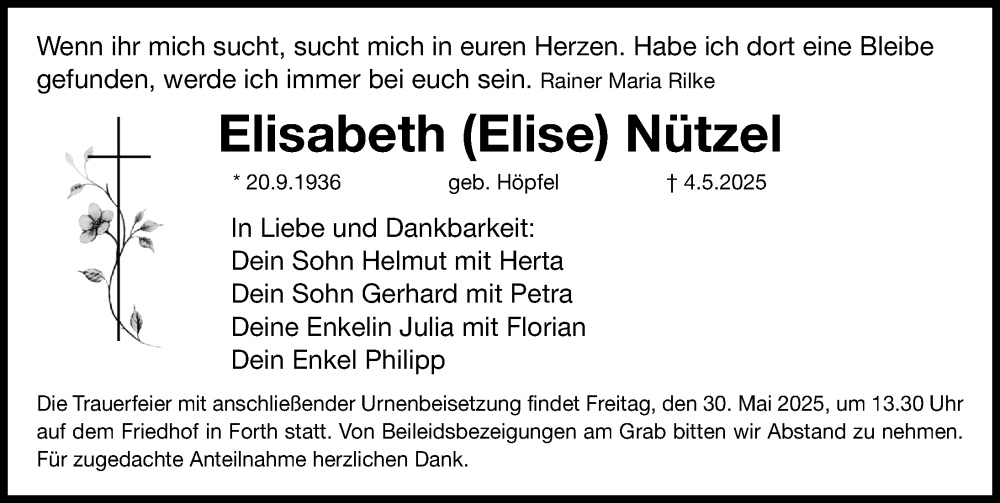 Traueranzeige für Elisabeth Nützel vom 24.05.2025 aus Nordbayerische Nachrichten Herzogenaurach Lokal