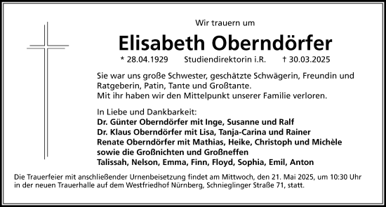 Traueranzeige von Elisabeth Oberndörfer von Gesamtausgabe Nürnberger Nachrichten/ Nürnberger Ztg.