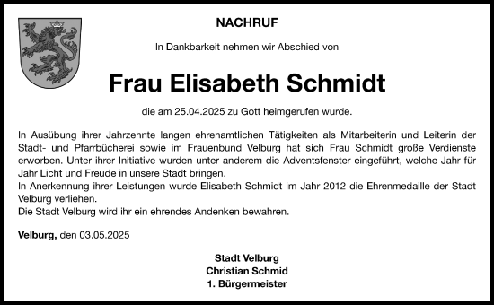 Traueranzeige von Elisabeth Schmidt von Neumarkter Nachrichten Lokal
