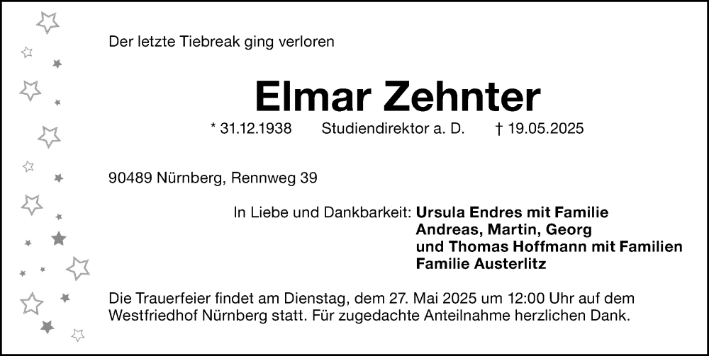  Traueranzeige für Elmar Zehnter vom 24.05.2025 aus Gesamtausgabe Nürnberger Nachrichten/ Nürnberger Ztg.