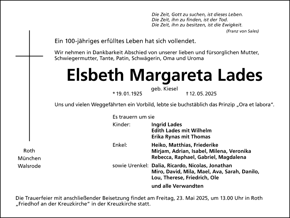  Traueranzeige für Elsbeth Margareta Lades vom 17.05.2025 aus Roth-Hilpoltsteiner Volkszeitung Lokal