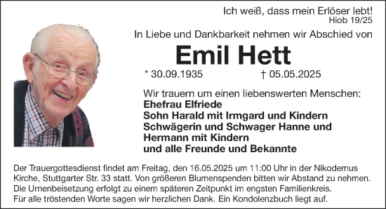 Traueranzeige von Emil Hett von Gesamtausgabe Nürnberger Nachrichten/ Nürnberger Ztg.