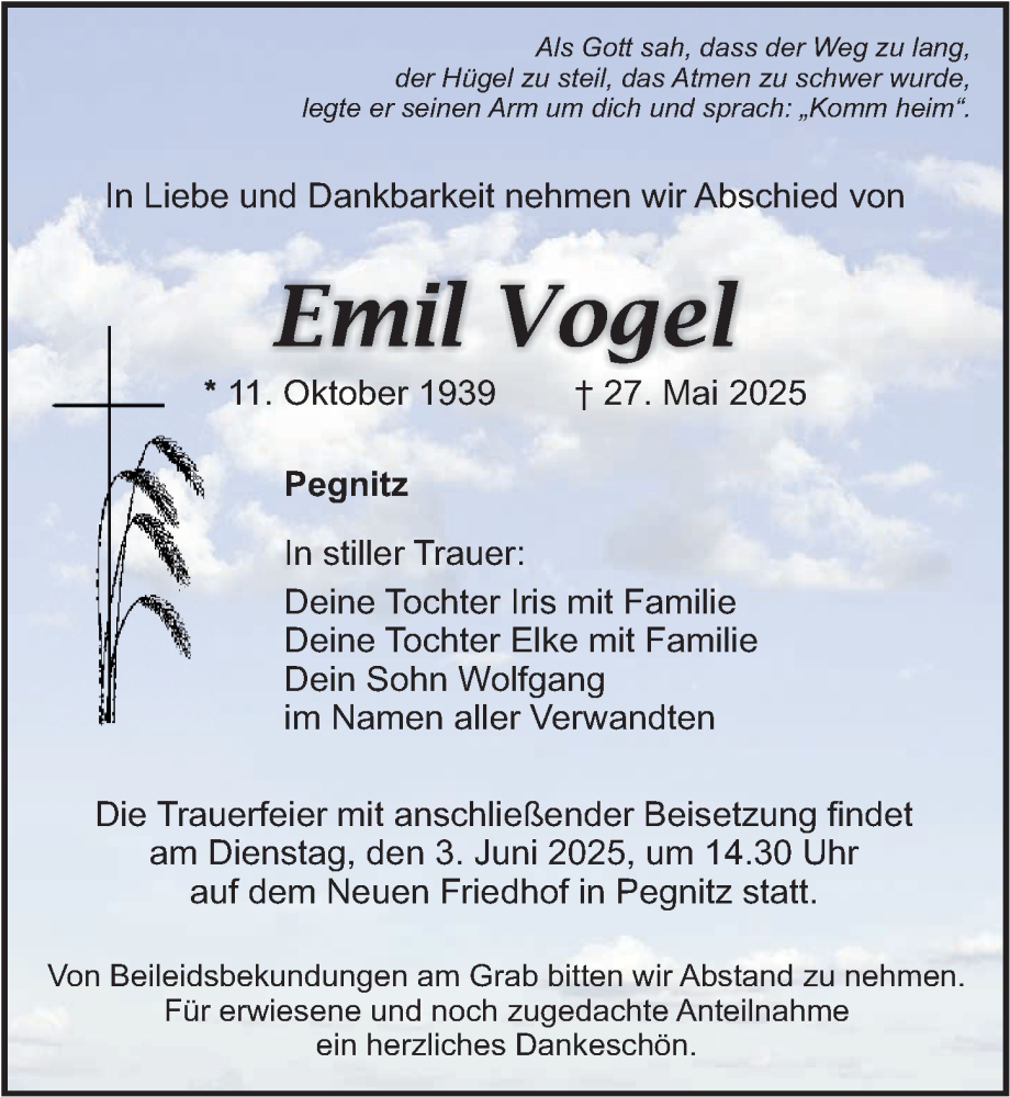  Traueranzeige für Emil Vogel vom 31.05.2025 aus Nordbayer. Nachrichten Pegnitz/ Nordbayer. Nachrichten Forchheim