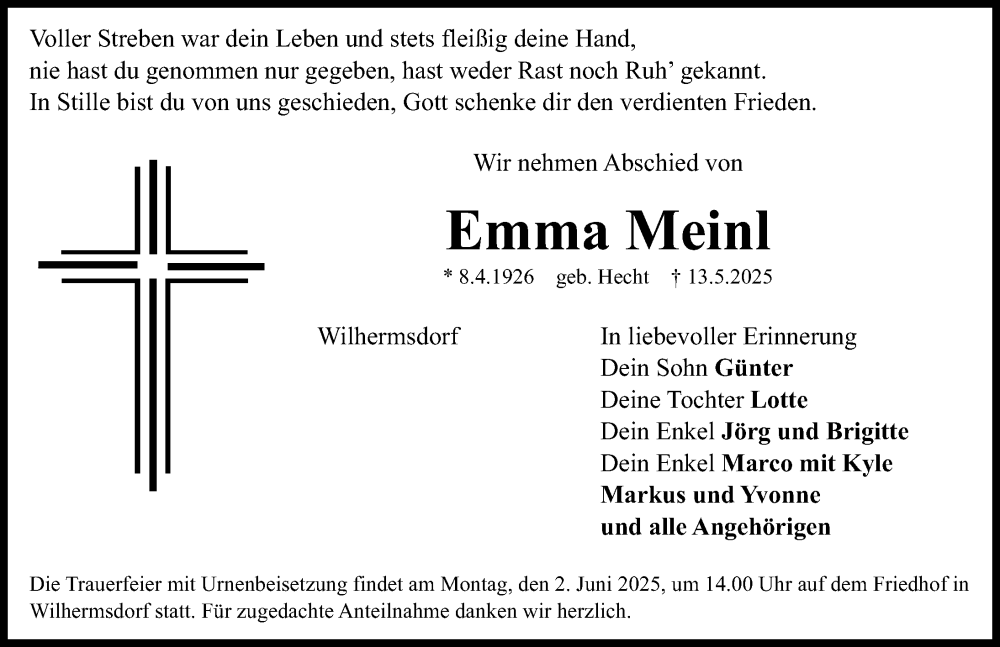  Traueranzeige für Emma Meinl vom 28.05.2025 aus Fürther Nachrichten Lokal