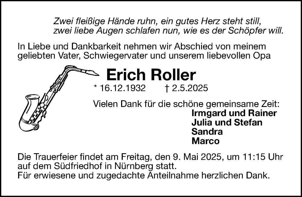  Traueranzeige für Erich Roller vom 07.05.2025 aus Gesamtausgabe Nürnberger Nachrichten/ Nürnberger Ztg.
