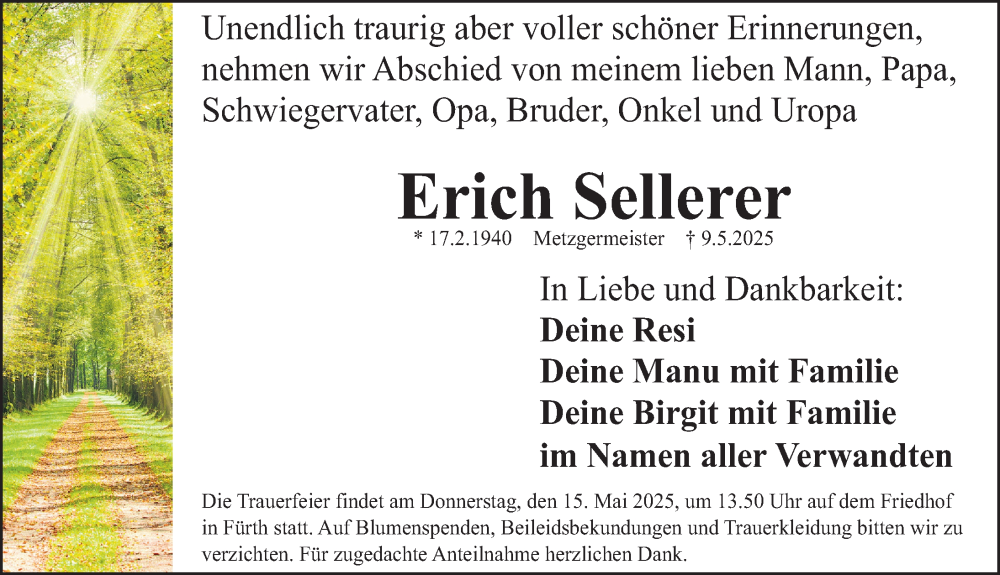  Traueranzeige für Erich Sellerer vom 14.05.2025 aus Fürther Nachrichten Lokal