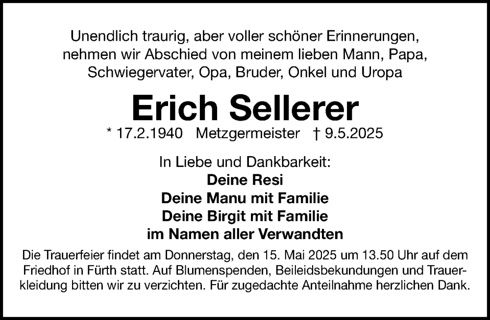  Traueranzeige für Erich Sellerer vom 14.05.2025 aus Gesamtausgabe Nürnberger Nachrichten/ Nürnberger Ztg.