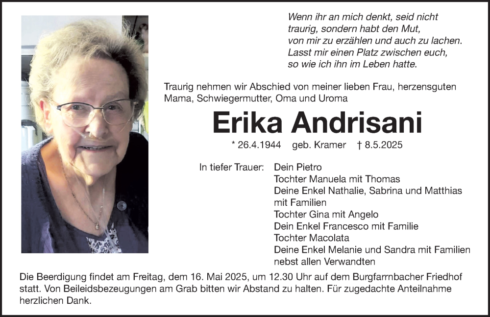  Traueranzeige für Erika Andrisani vom 14.05.2025 aus Fürther Nachrichten Lokal