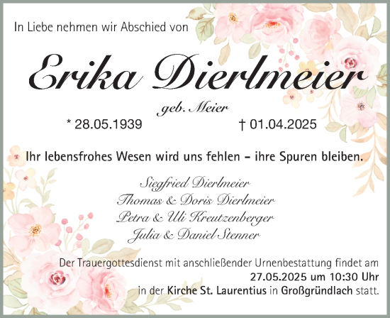 Traueranzeige von Erika Dierlmeier von Gesamtausgabe Nürnberger Nachrichten/ Nürnberger Ztg.