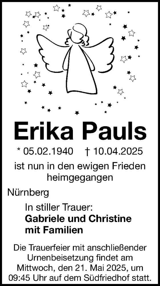  Traueranzeige für Erika Pauls vom 17.05.2025 aus Gesamtausgabe Nürnberger Nachrichten/ Nürnberger Ztg.