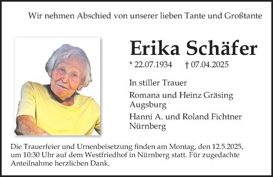 Traueranzeige von Erika Schäfer von Gesamtausgabe Nürnberger Nachrichten/ Nürnberger Ztg.