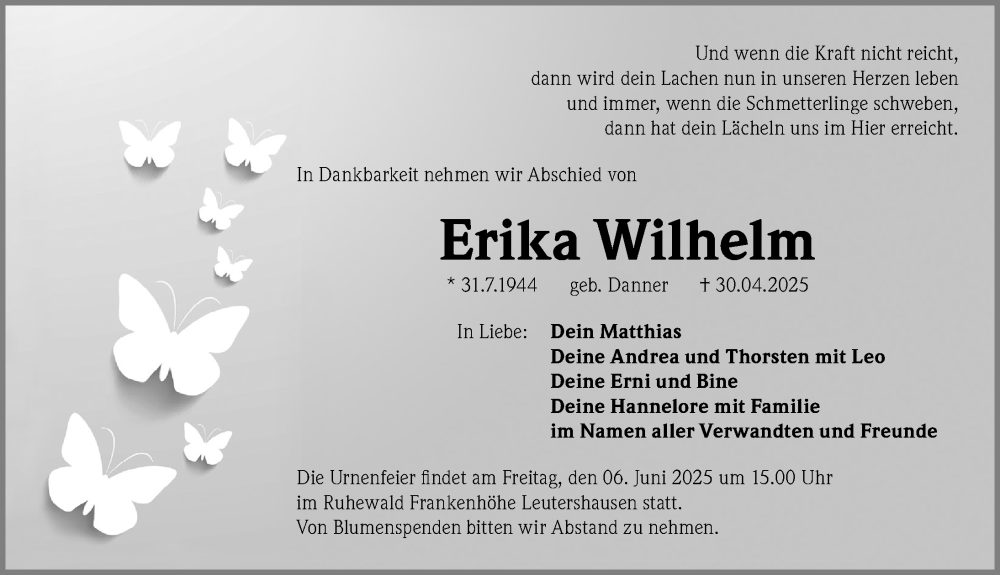  Traueranzeige für Erika Wilhelm vom 17.05.2025 aus Gesamtausgabe Nürnberger Nachrichten/ Nürnberger Ztg.