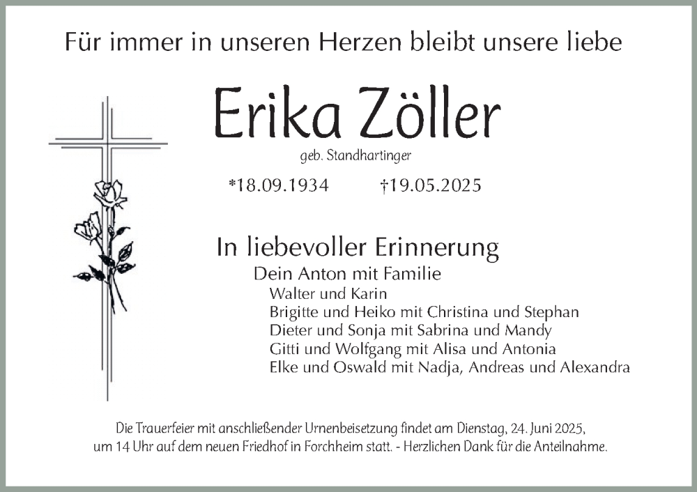  Traueranzeige für Erika Zöller vom 31.05.2025 aus Nordbayerische Nachrichten Forchheim Lokal