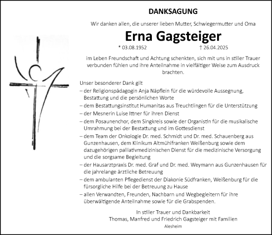 Traueranzeige von Erna Gagsteiger von Altmühl-Bote Lokal/ Weißenburger Tagblatt