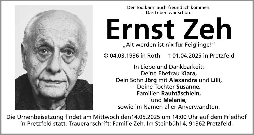  Traueranzeige für Ernst Zeh vom 10.05.2025 aus Roth-Hilpoltsteiner Volkszeitung Lokal