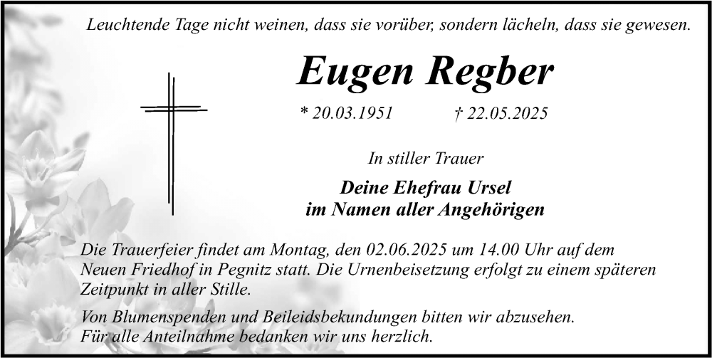  Traueranzeige für Eugen Regber vom 31.05.2025 aus Nordbayerische Nachrichten Pegnitz Lokal