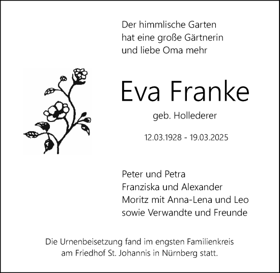 Traueranzeige von Eva Franke von Gesamtausgabe Nürnberger Nachrichten/ Nürnberger Ztg.