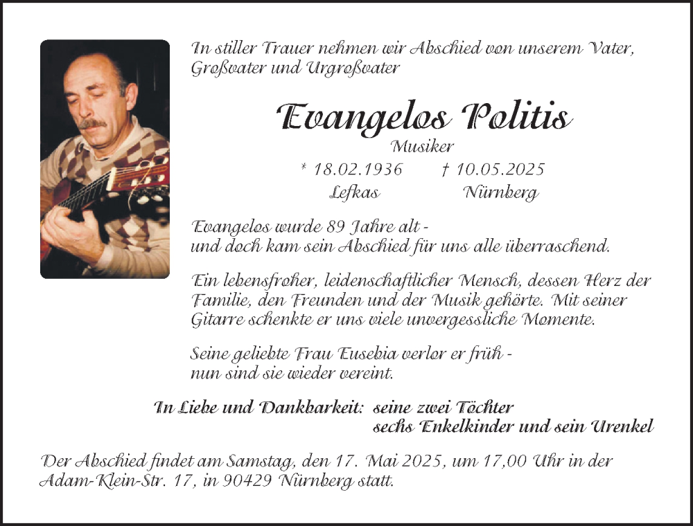  Traueranzeige für Evangelos Politis vom 15.05.2025 aus Gesamtausgabe Nürnberger Nachrichten/ Nürnberger Ztg.
