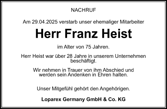 Traueranzeige von Franz Heist von Nordbayerische Nachrichten Forchheim Lokal