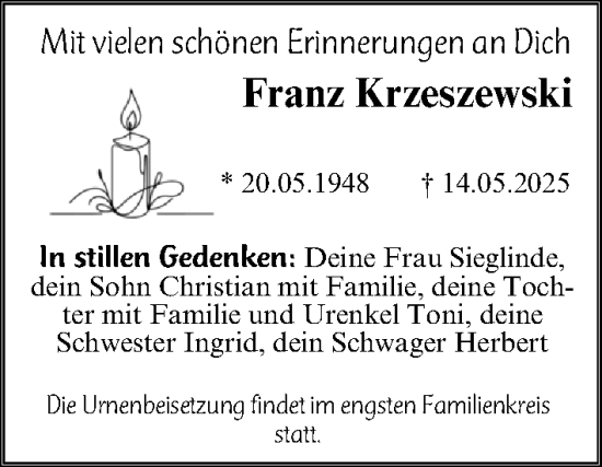 Traueranzeige von Franz Krzeszewski von Gesamtausgabe Nürnberger Nachrichten/ Nürnberger Ztg.