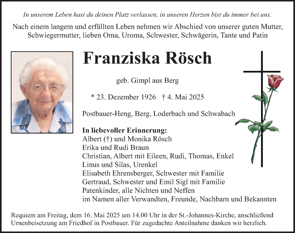  Traueranzeige für Franziska Rösch vom 14.05.2025 aus Neumarkter Nachrichten Lokal