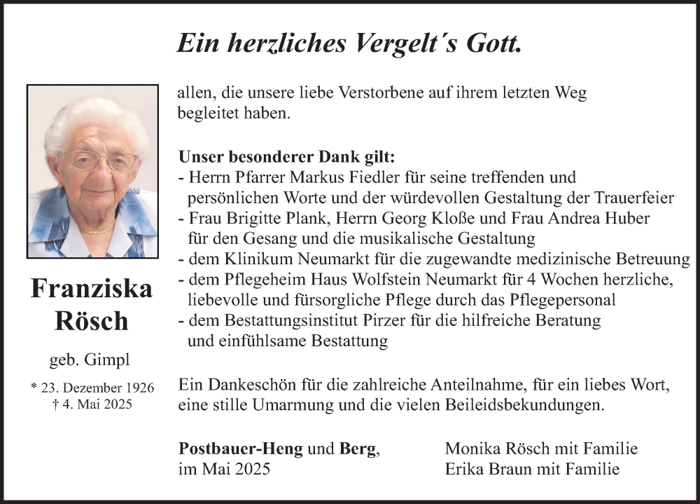  Traueranzeige für Franziska Rösch vom 31.05.2025 aus Neumarkter Nachrichten Lokal