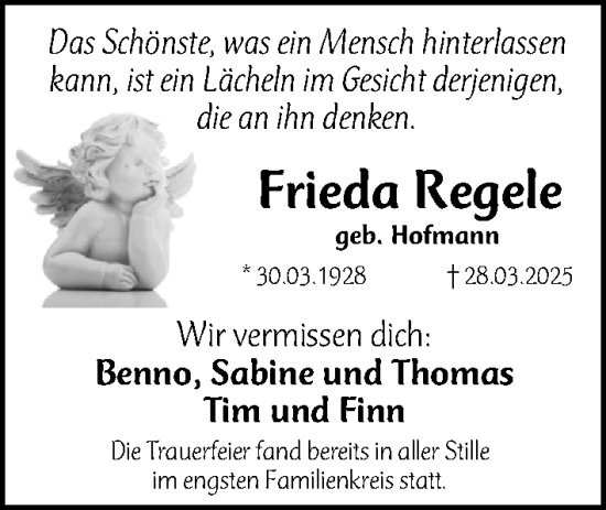 Traueranzeige von Frieda Regele von Gesamtausgabe Nürnberger Nachrichten/ Nürnberger Ztg.