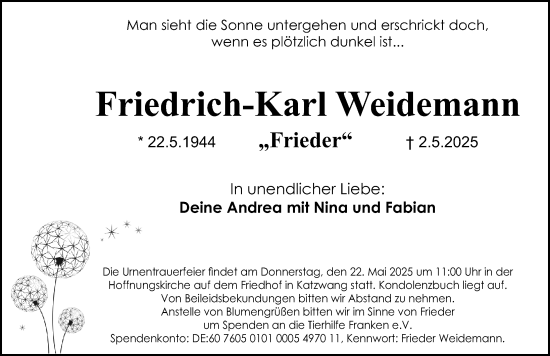 Traueranzeige von Friedrich-Karl Weidemann von Gesamtausgabe Nürnberger Nachrichten/ Nürnberger Ztg.