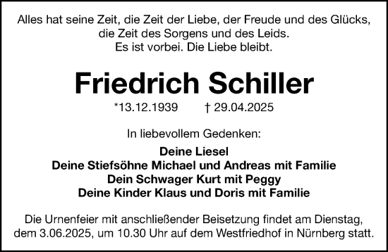 Traueranzeige von Friedrich Schiller von Gesamtausgabe Nürnberger Nachrichten/ Nürnberger Ztg.