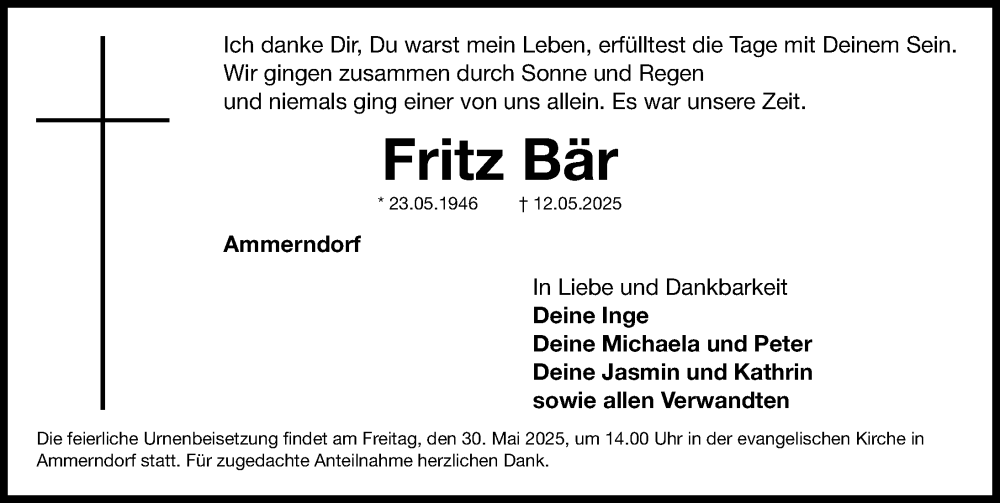  Traueranzeige für Fritz Bär vom 24.05.2025 aus Fürther Nachrichten Lokal