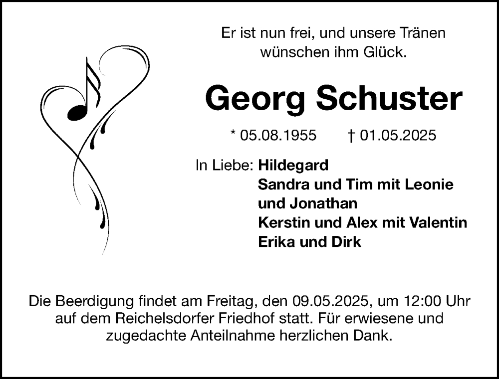  Traueranzeige für Georg Schuster vom 07.05.2025 aus Gesamtausgabe Nürnberger Nachrichten/ Nürnberger Ztg.