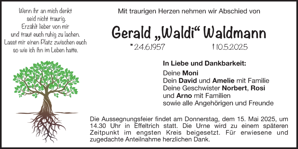  Traueranzeige für Gerald Waldmann vom 13.05.2025 aus Erlanger Nachrichten Lokal