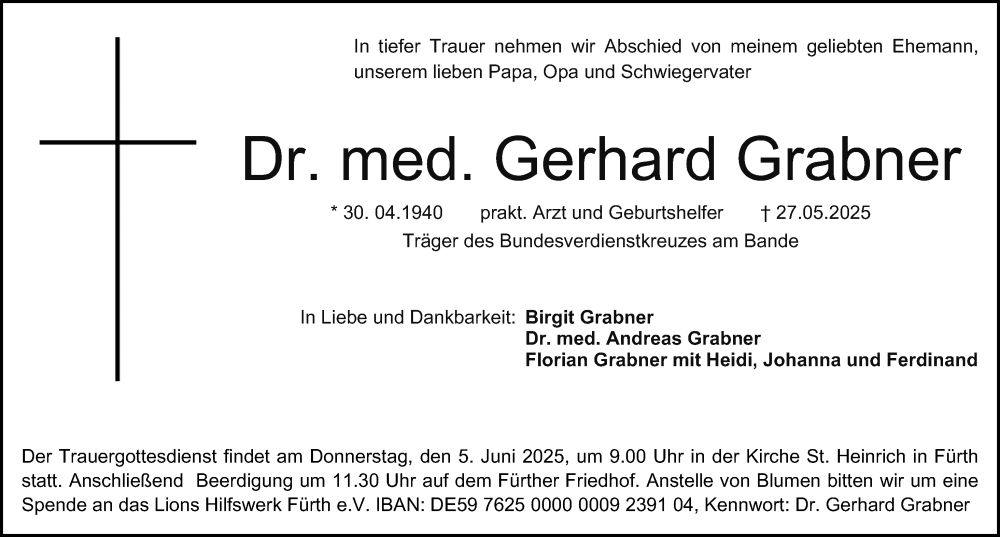  Traueranzeige für Gerhard Grabner vom 31.05.2025 aus Fürther Nachrichten Lokal
