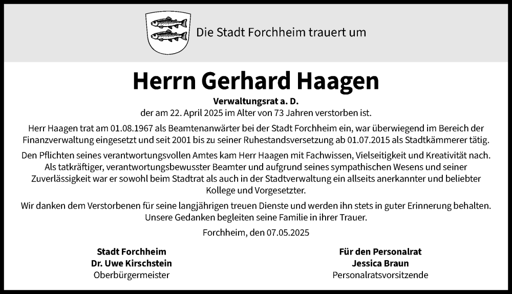  Traueranzeige für Gerhard Haagen vom 07.05.2025 aus Nordbayerische Nachrichten Forchheim Lokal