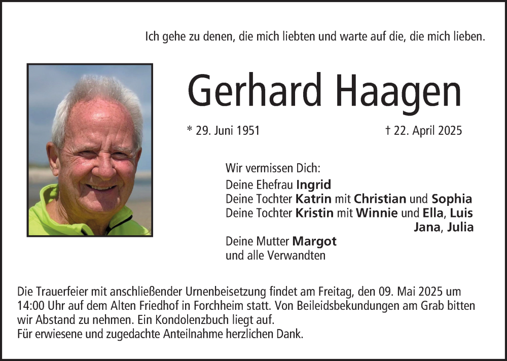  Traueranzeige für Gerhard Haagen vom 03.05.2025 aus Nordbayerische Nachrichten Forchheim Lokal