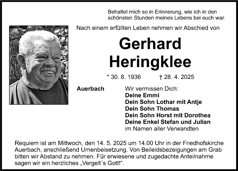  Traueranzeige für Gerhard Heringklee vom 10.05.2025 aus Nordbayerische Nachrichten Pegnitz Lokal