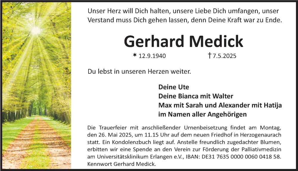  Traueranzeige für Gerhard Medick vom 10.05.2025 aus Nordbayerische Nachrichten Herzogenaurach Lokal
