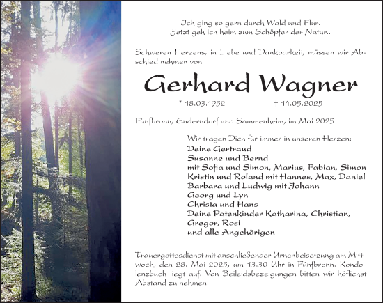 Traueranzeige von Gerhard Wagner von Altmühl-Bote Lokal